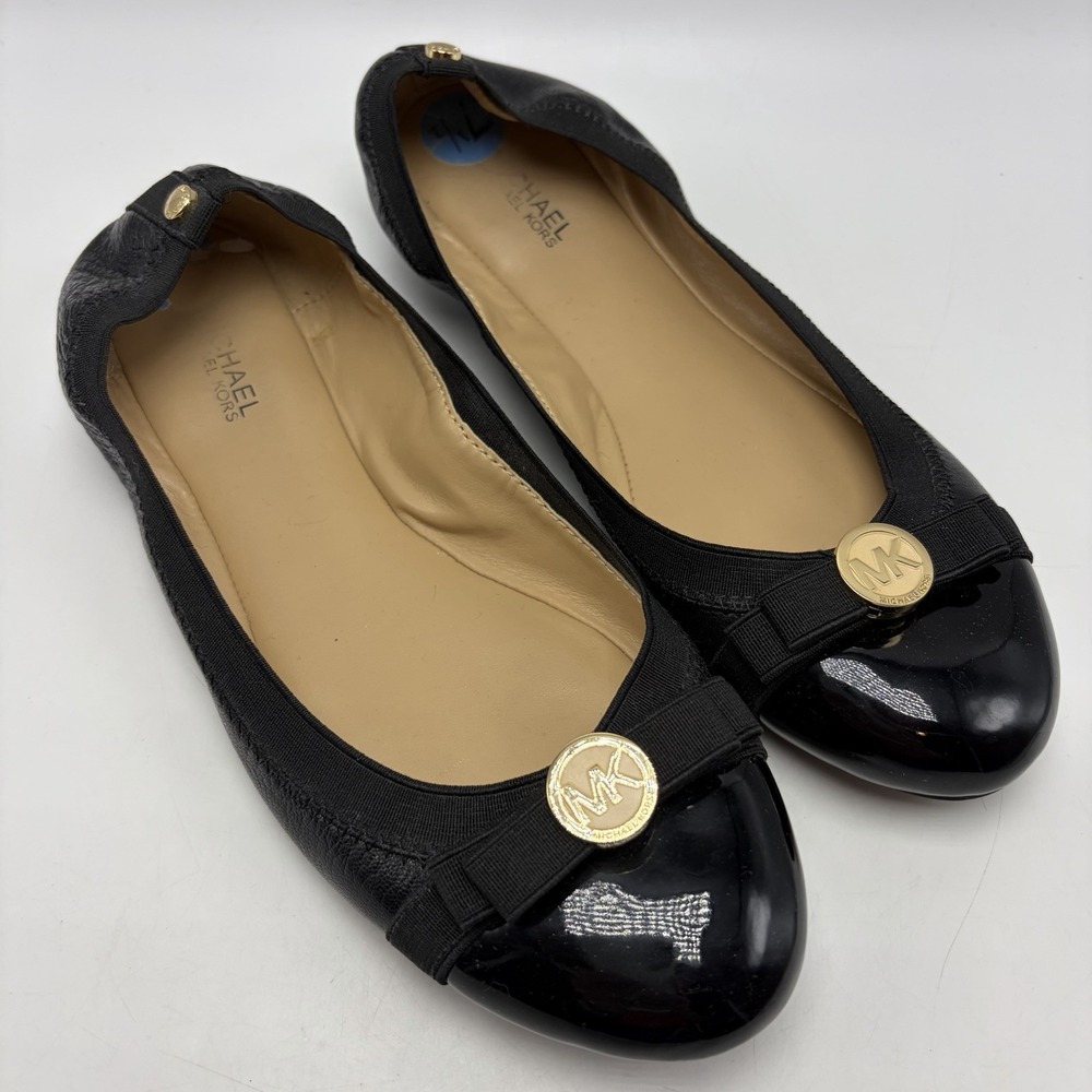 MICHAEL Michael Kors Ballet Flats Womens 7.5 Dixie Leather Cap Toe Logo Black
